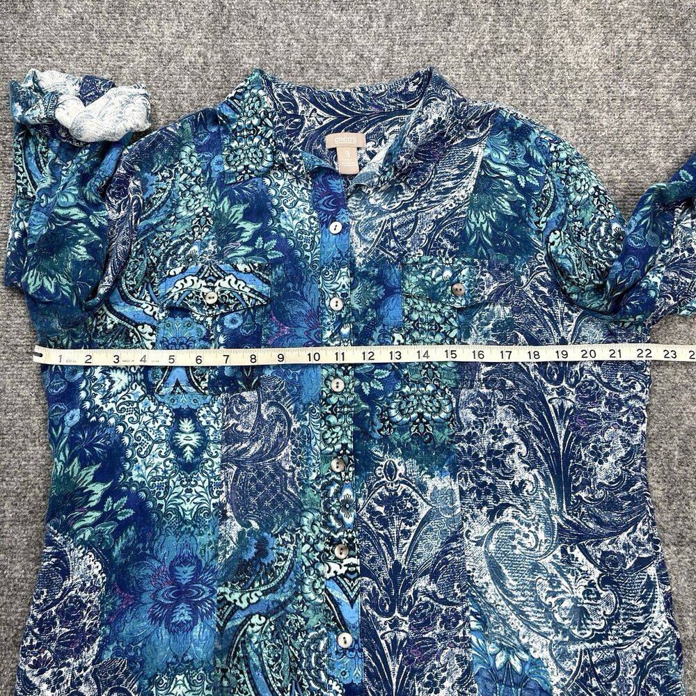 Chicos Top Sz 3 Womens Size XL Button Front Roll Tab Sleeve Blue Floral Pockets - Picture 7 of 11